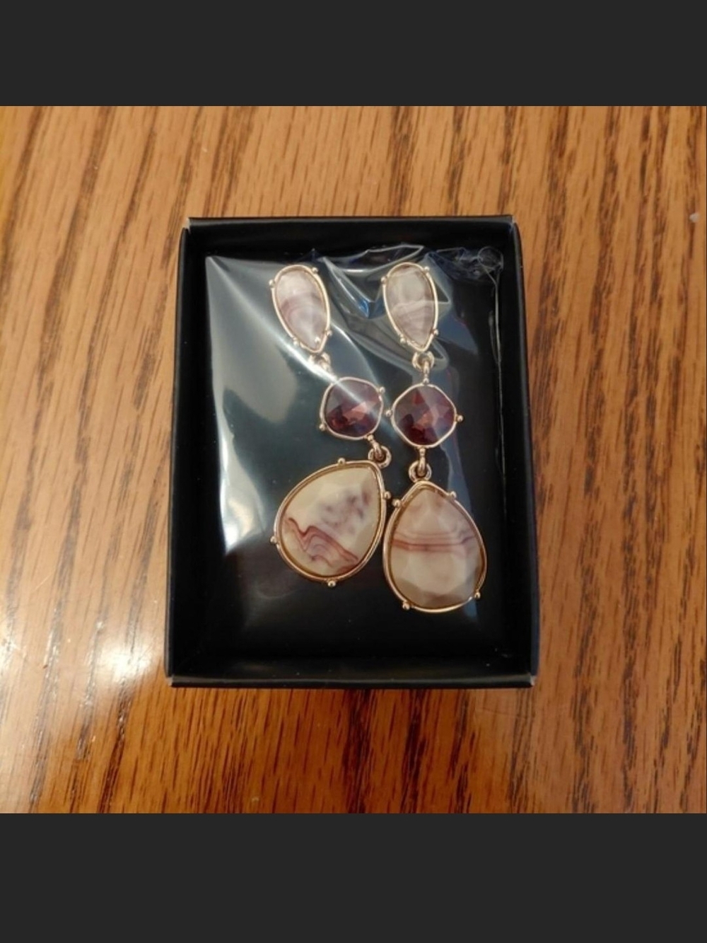 Avon Gold-Tone Drop Earrings with Pink Marble and Deep Rose Accents